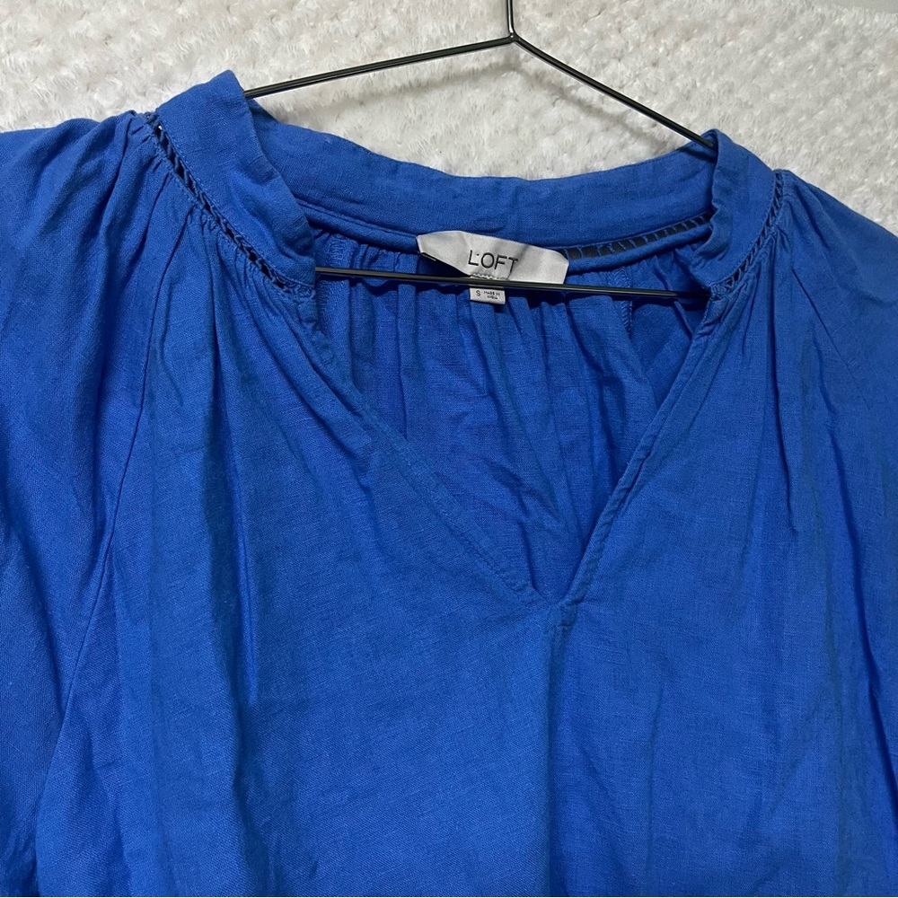 LOFT Womens Top Royal Blue Blouse with Sleeve Accents V Neck Linen Blend Small - Picture 6 of 10